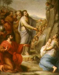 A Moïse au Mont Horeb, il est dit : "Tu frapperas le rocher et il en jaillira de l'eau ; ainsi le peuple pourra boire" (Exode-17, 6 )